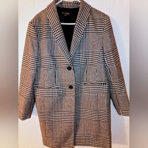 Brooks Brothers Women's Black and White Houndstooth 100% Wool Long Coat Size 14